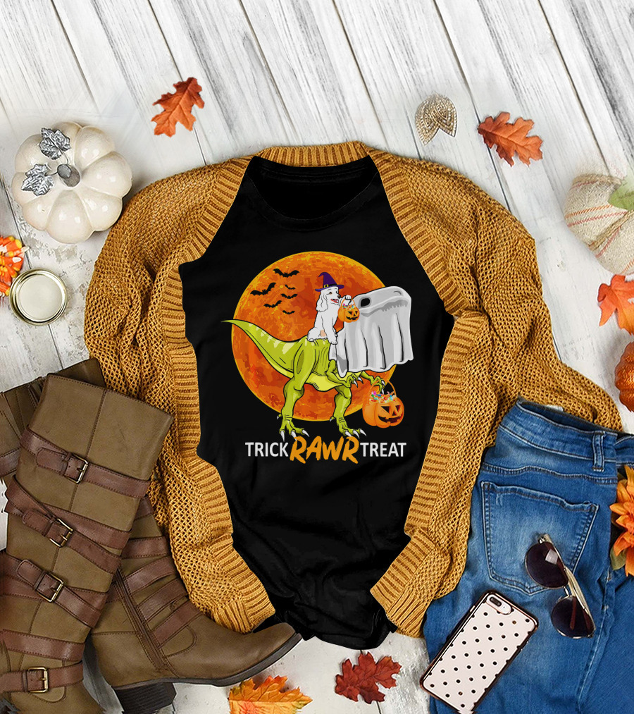 Trick Rawr Treat Dinosaur Pumpkin Halloween Moon T-Shirt