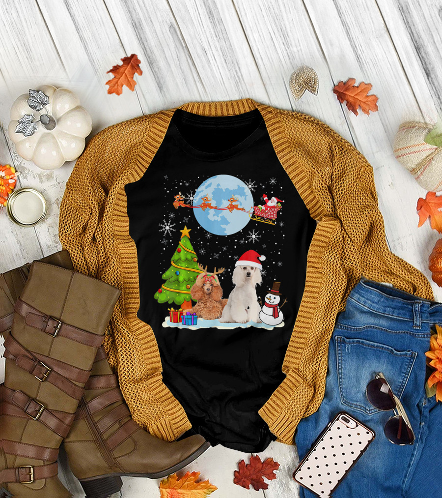 Santa Poodle Christmas Moon Sleigh Reindeer Tree Snowman T-Shirt