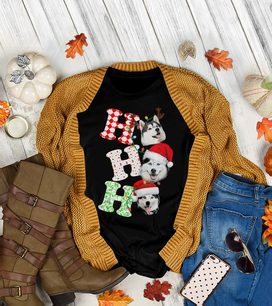 Ho Ho Ho Husky Christmas Santa Hat Reindeer Antlers T-Shirt