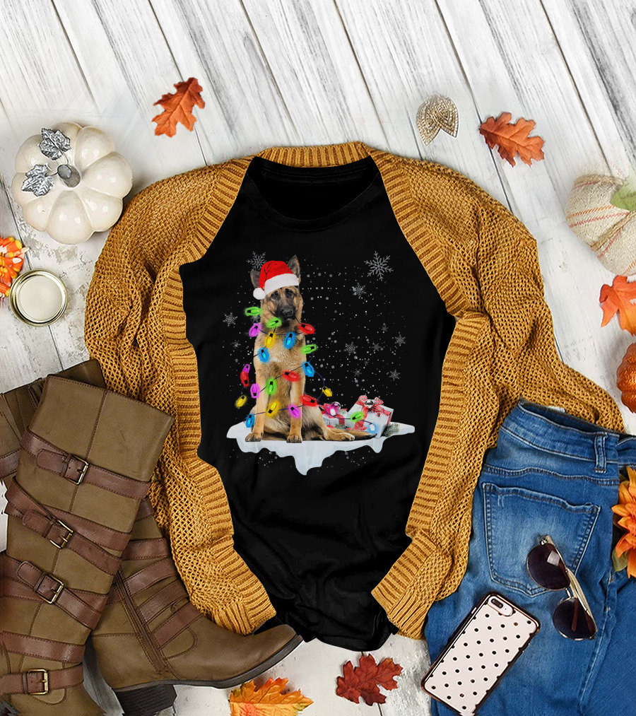 German Shepherd Dog with Christmas Lights and Santa Hat Holiday Scene T-Shirt