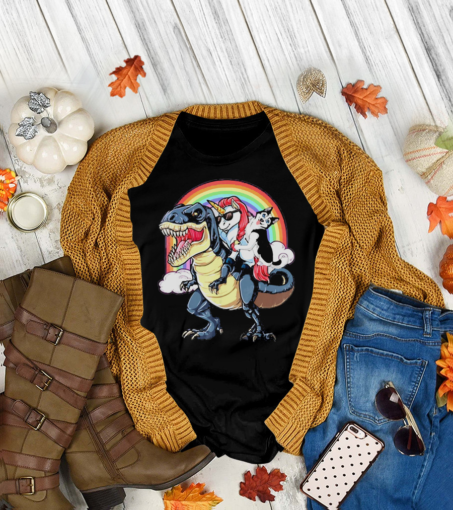 Husky and Unicorn Ride Mighty Rex with Rainbow Flair T-Shirt