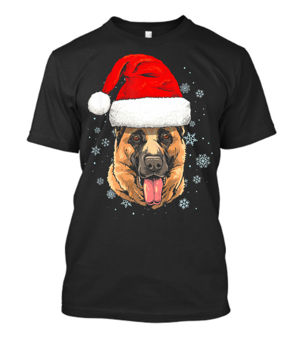 German Shepherd With Santa Hat Surrounded By Snowflakes T-Shirt