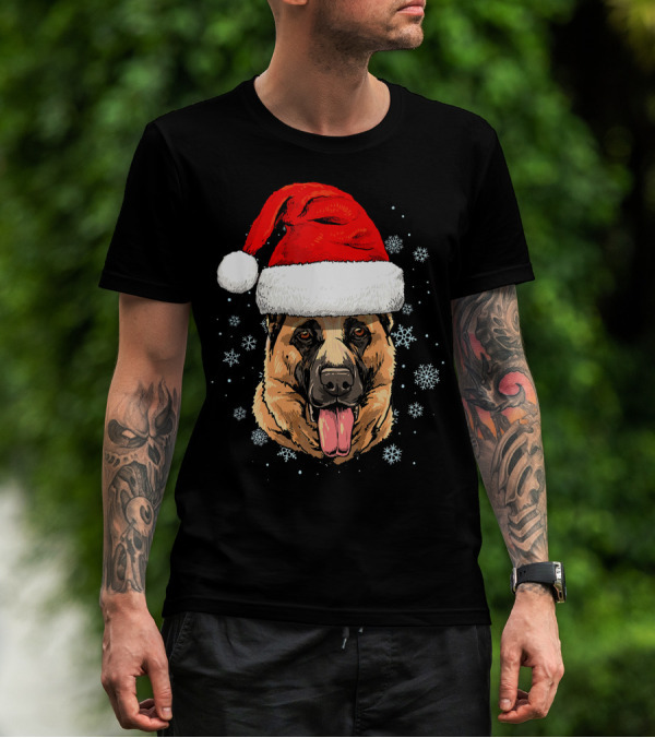 German Shepherd With Santa Hat Surrounded By Snowflakes T-Shirt