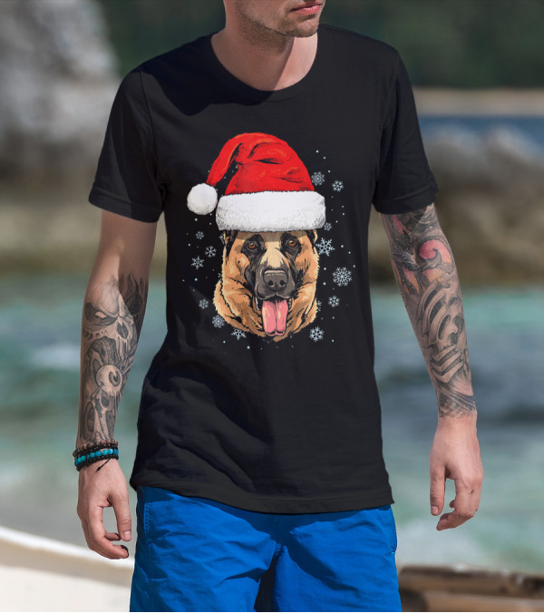 German Shepherd With Santa Hat Surrounded By Snowflakes T-Shirt