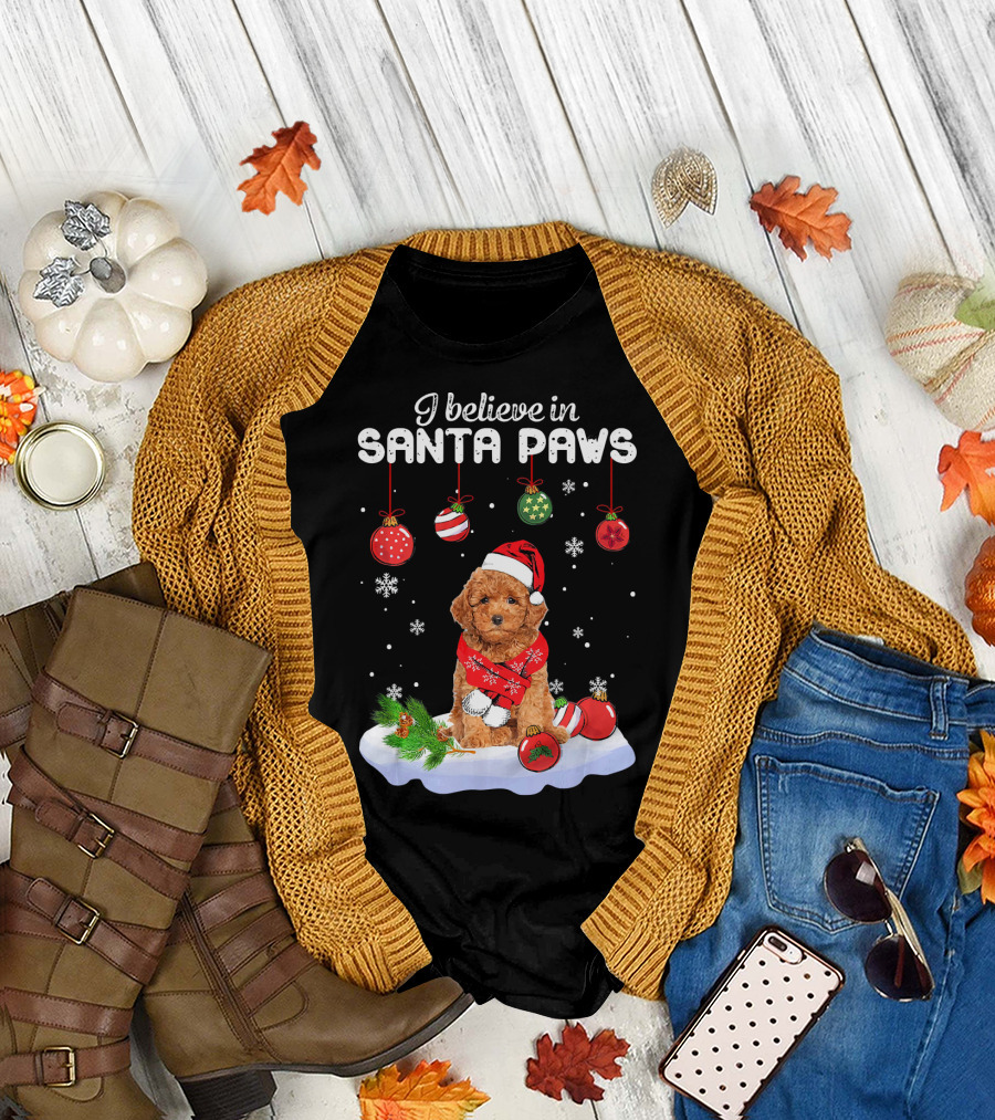 I Believe in Santa Paws Christmas Miniature Poodle with Ornaments and Snowflakes T-Shirt