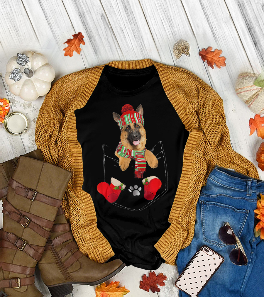 German Shepherd in Festive Striped Hat and Scarf in Christmas Pocket with Paw and Stockings T-Shirt