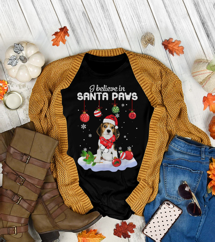 I Believe in Santa Paws Festive Beagle with Christmas Ornaments T-Shirt