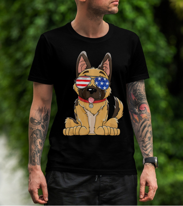German Shepherd Wearing American Flag Sunglasses T-Shirt