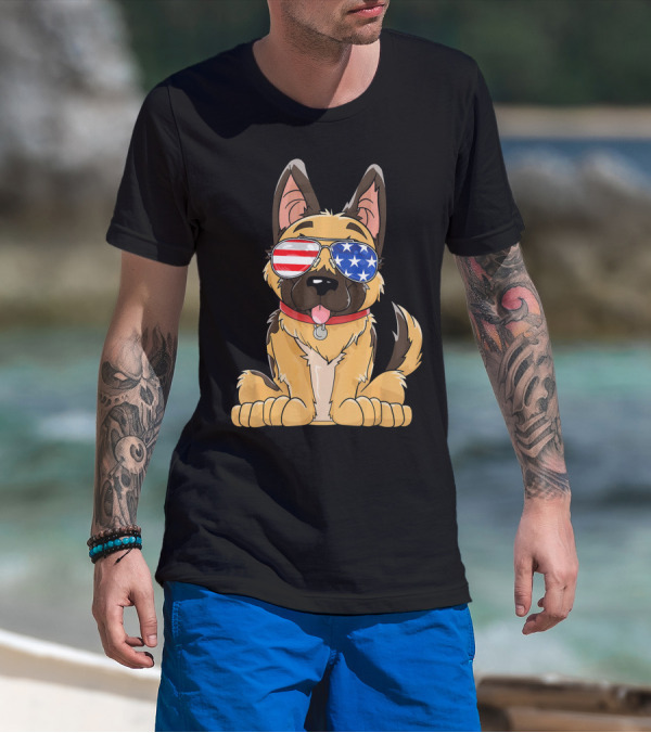German Shepherd Wearing American Flag Sunglasses T-Shirt