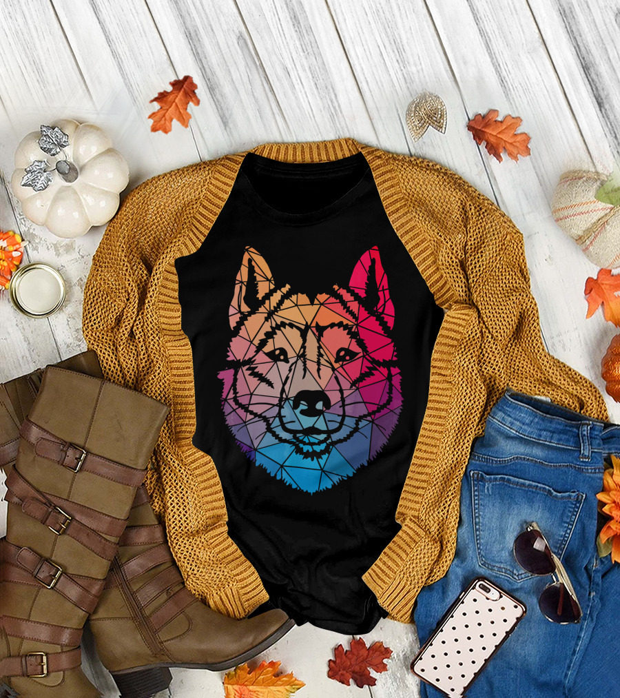 Geometric Cool Siberian Husky Shape Rainbow Gradient T-Shirt