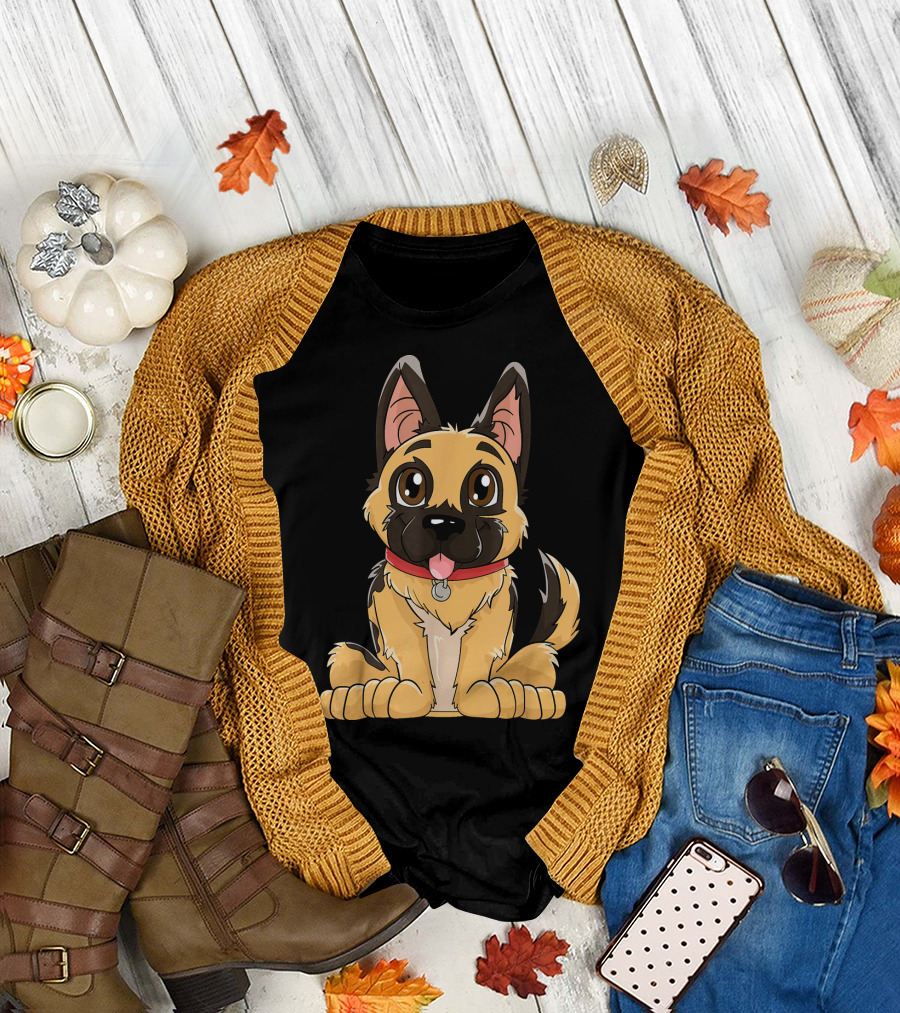 German Shepherd Cute Puppy with Red Collar and Happy Expression T-Shirt