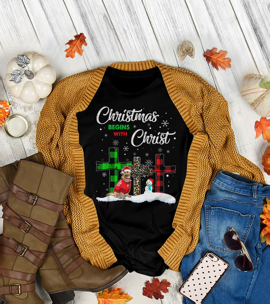 Christmas Begins With Christ German Shepherd Snowman Snowflakes T-Shirt