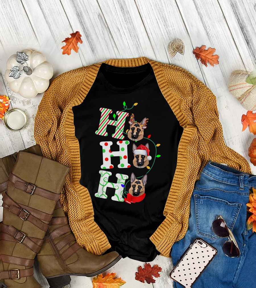 German Shepherd Ho Ho Ho Santa Hat Christmas Lights Holiday T-Shirt