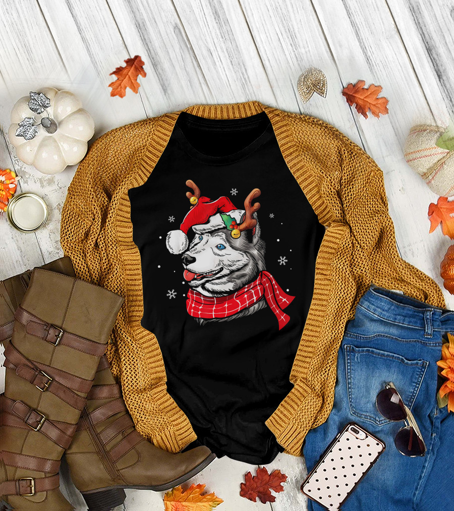 Siberian Husky Christmas Reindeer with Santa Hat and Scarf T-Shirt