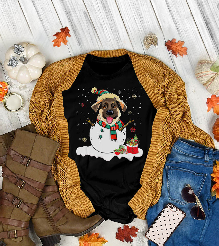 Merry German Shepherd Snowman with Festive Hat and Gifts T-Shirt