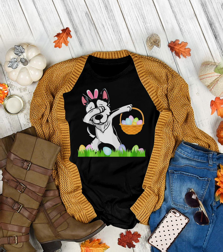 Bunny Eared Husky Dabbing with Easter Egg Basket in Grass T-Shirt