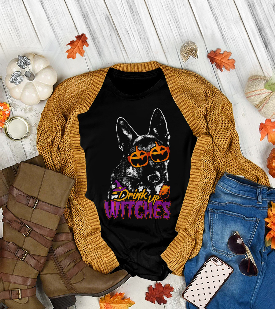 Drink Up Witches German Shepherd Pumpkin Sunglasses Halloween T-Shirt