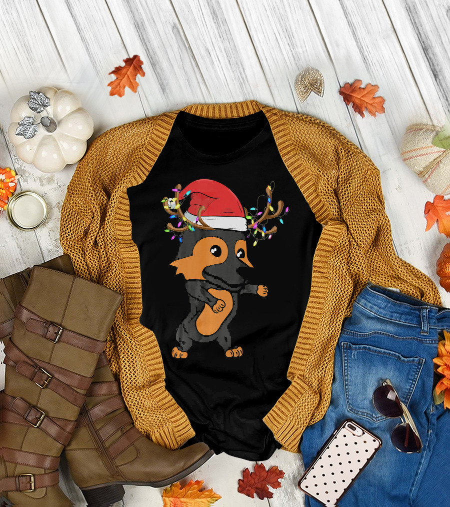 Santa Hat German Shepherd Reindeer Antlers Lights T-Shirt