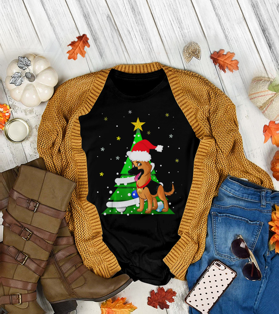 German Shepherd Christmas Tree Cute Santa Hat Snowflakes T-Shirt