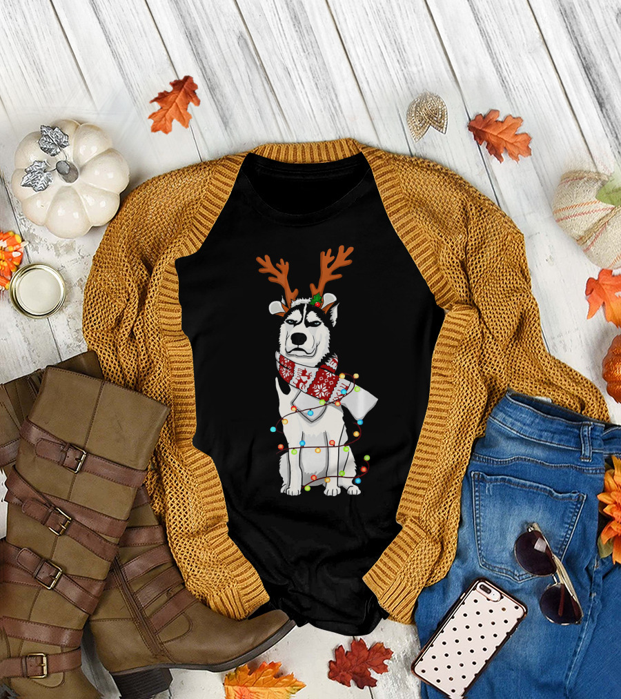 Husky with Reindeer Antlers Wrapped in Christmas Lights and Festive Scarf T-Shirt