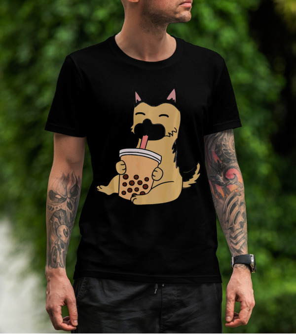 German Shepherd Drinking Bubble Tea Cute Funny Dog T-Shirt