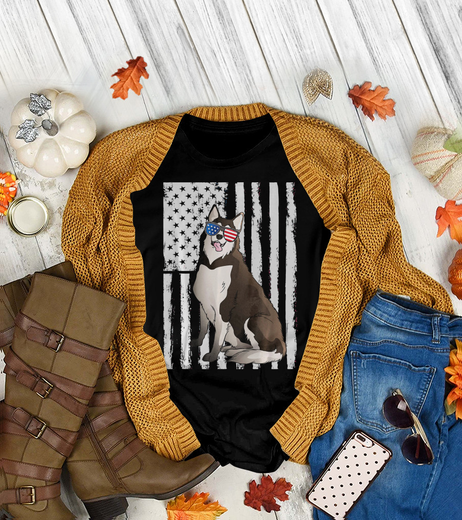 Patriotic Siberian Husky Dog with American Flag Glasses and Starry Stripes Background T-Shirt