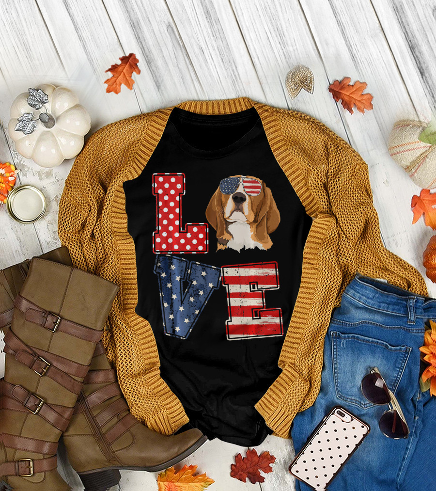 LOVE Beagle Face American Flag Sunglasses Patriotic T-Shirt