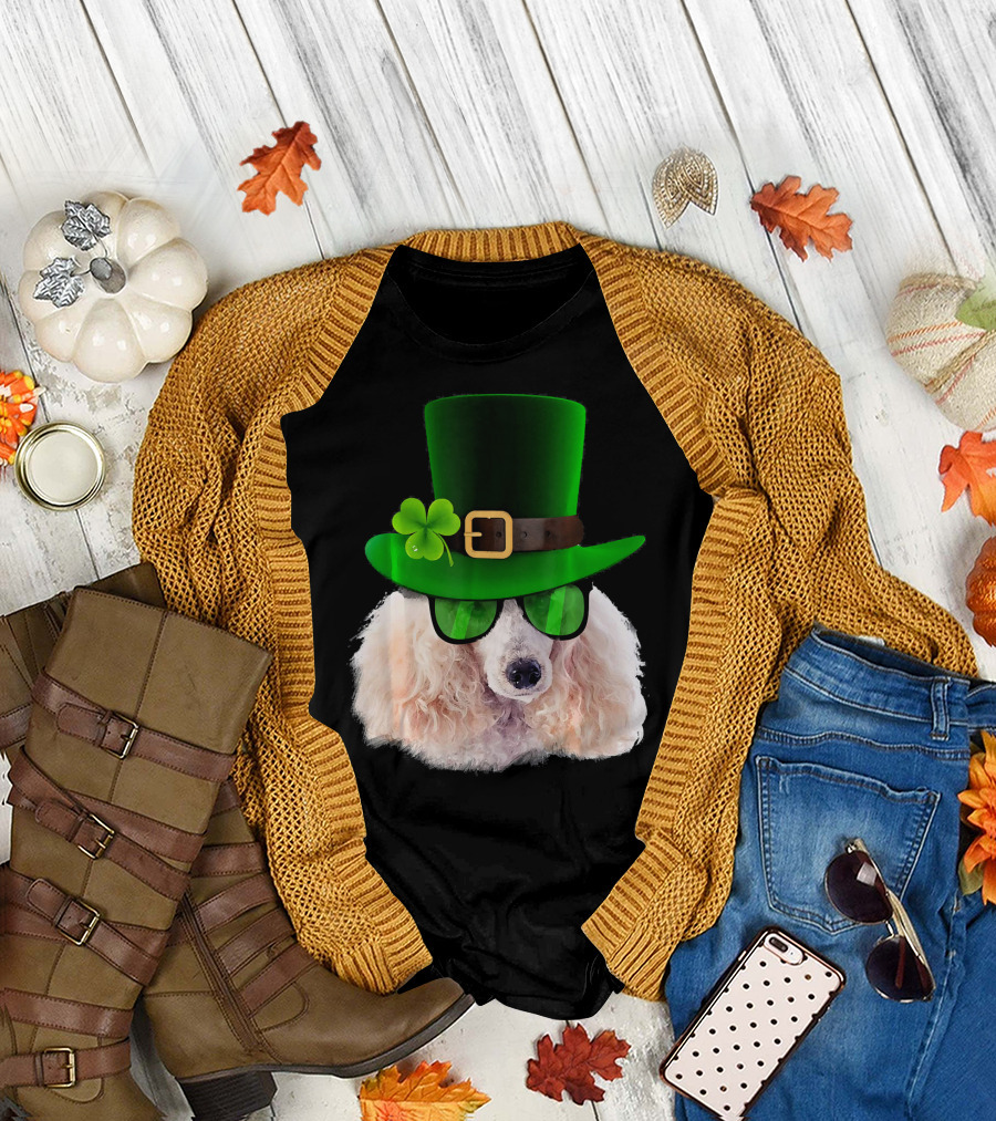 St. Patrick's Day Poodle in Green Hat and Sunglasses with Shamrock T-Shirt