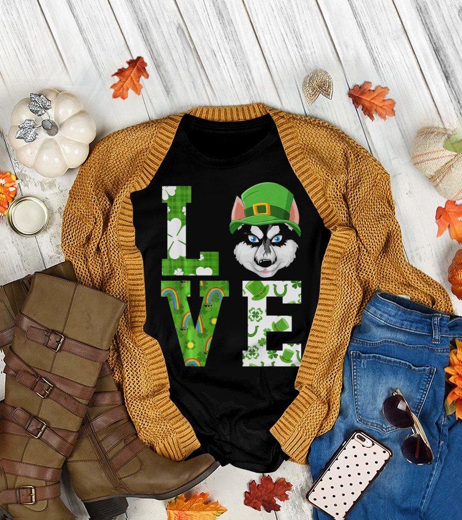 LOVE Siberian Husky St Patricks Day Shamrock Rainbow Hat T-Shirt