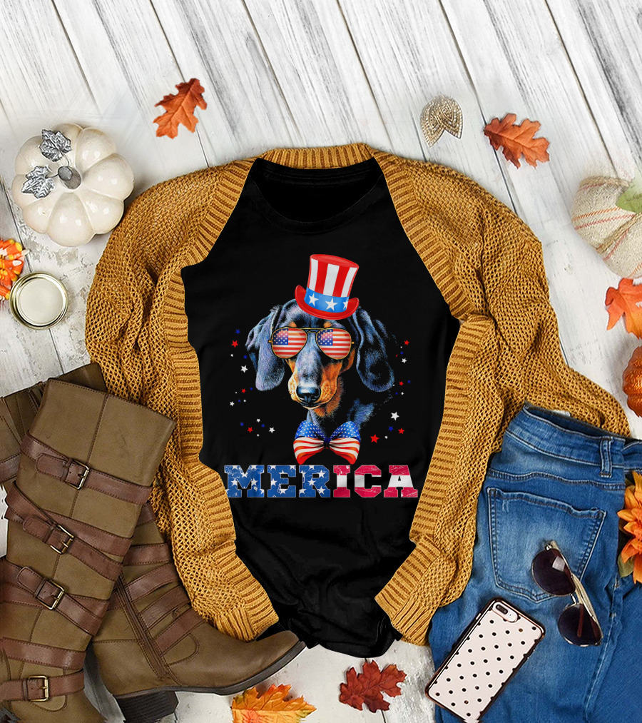 Merica Dachshund Patriotic 4th of July American Flag Hat and Bow Tie T-Shirt