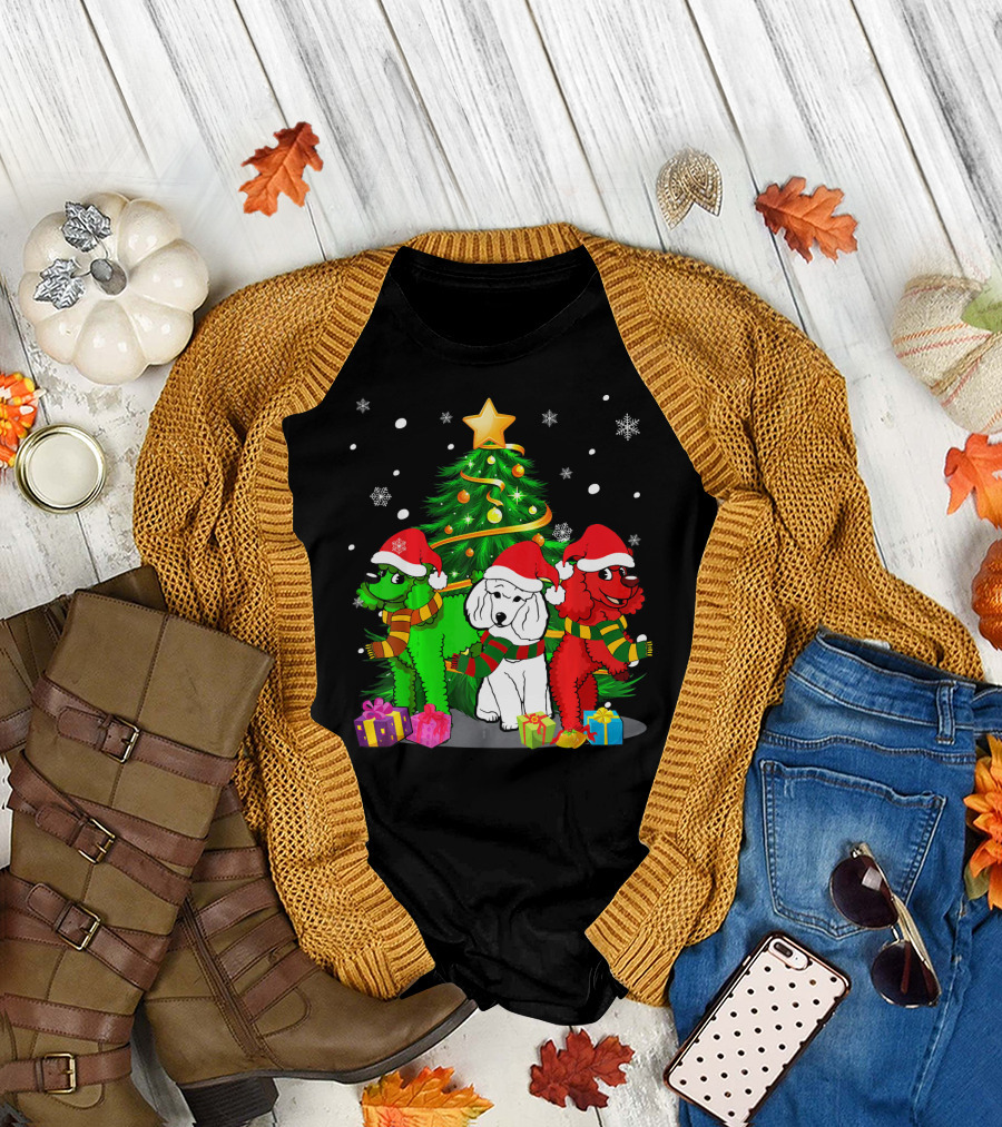 Poodle Family Christmas Time with Santa Hats and Gifts T-Shirt