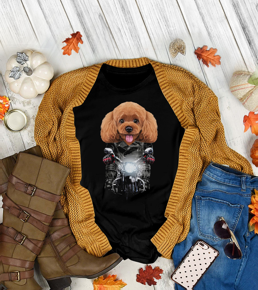 Playful Poodle Dog Riding Motorcycle in Leather Jacket and Gloves T-Shirt