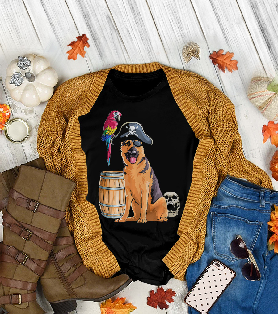 German Shepherd Pirate Halloween Parrot Skull Barrel T-Shirt