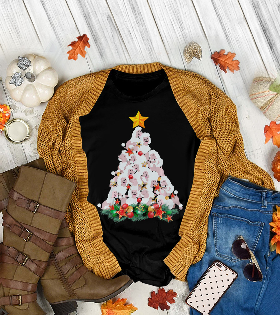Poodle Dog Christmas Tree with Star and Light Decorations T-Shirt