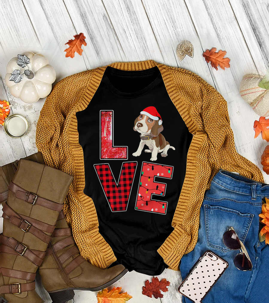 Love Christmas Beagle with Santa Hat and Festive T-Shirt