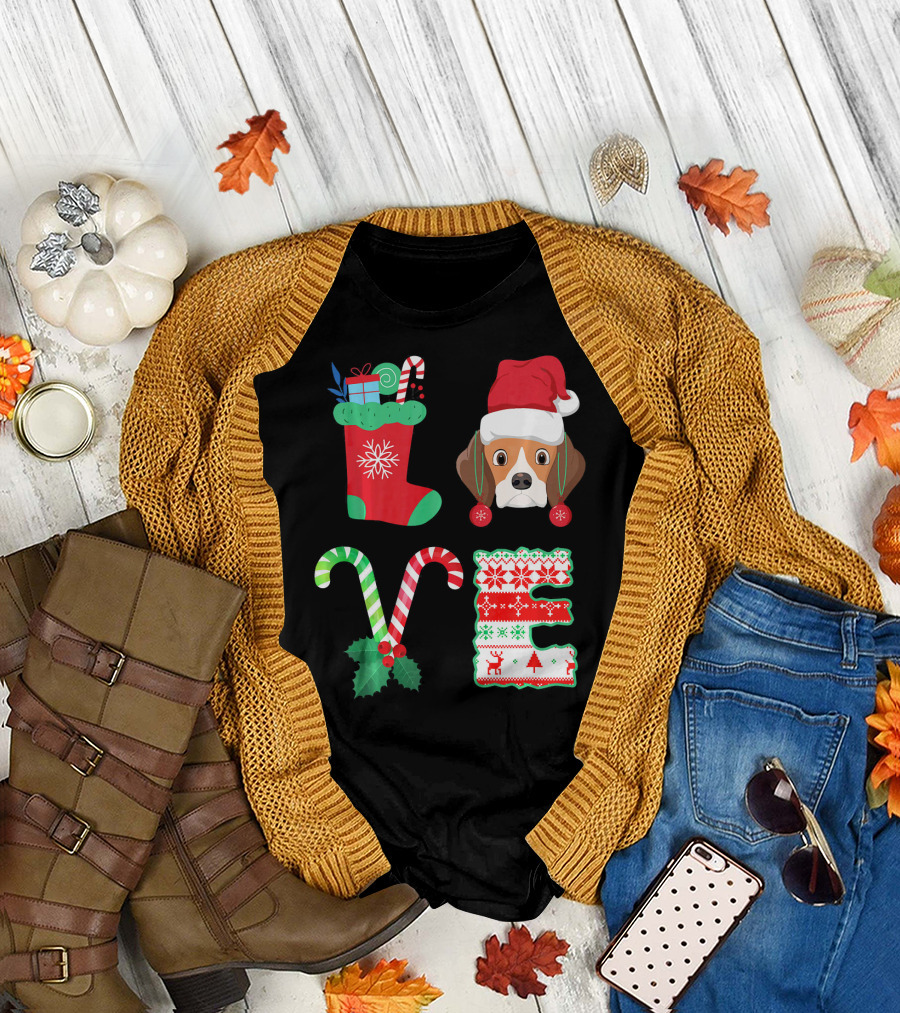 Love My Beagle Christmas Dog Stocking Candy Cane Santa Hat Holiday T-Shirt
