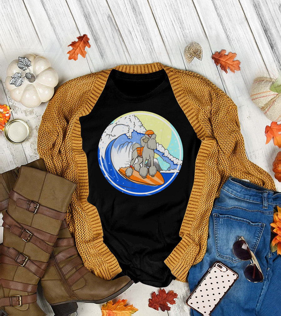 Poodle Dog Surfing Cartoon on Orange Board Riding Ocean Wave T-Shirt