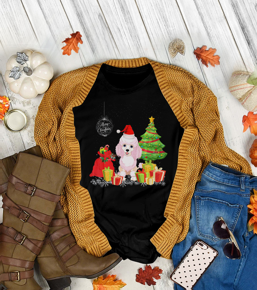 Merry Christmas Poodle with Festive Tree and Gifts T-Shirt