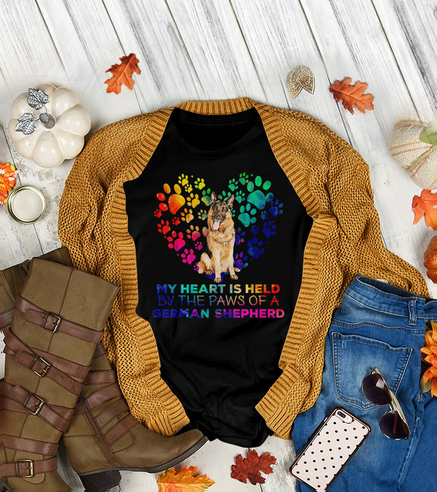 My Heart Is Held By The Paws Of A German Shepherd Rainbow Paw Print Heart T-Shirt