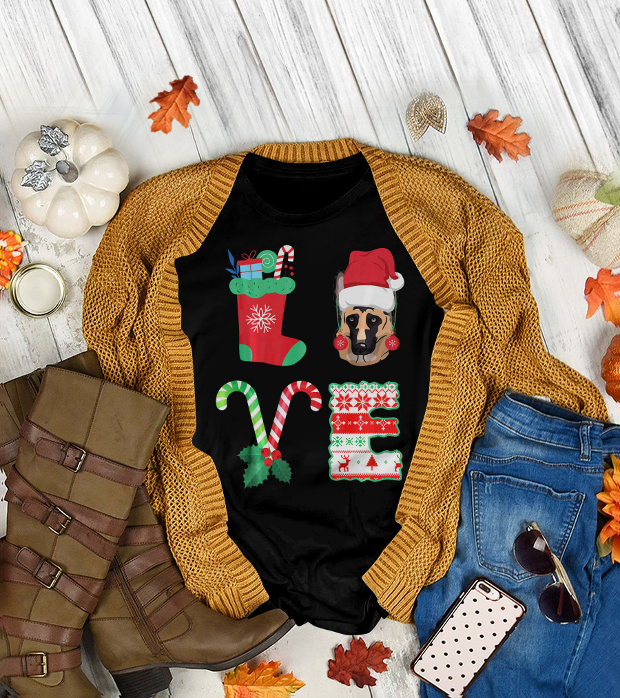 Love My German Shepherd Christmas Candy Cane Stocking Santa Hat T-Shirt