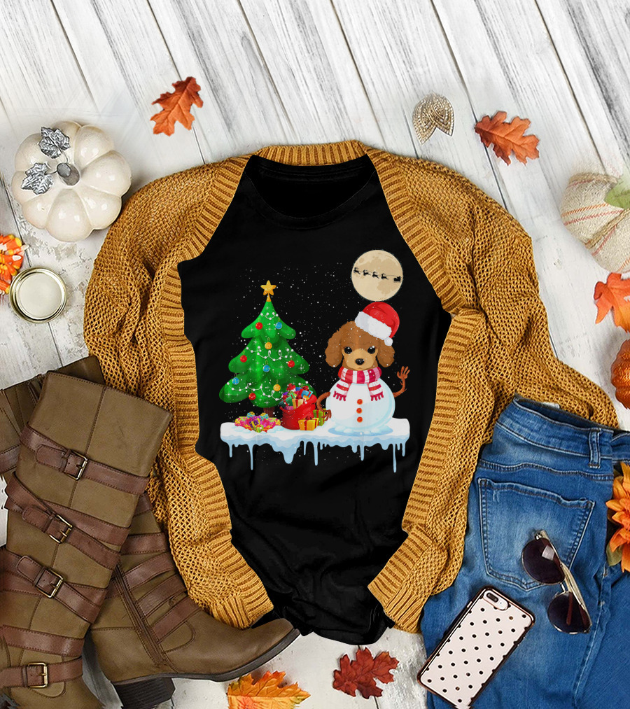 Christmas Poodle Snowman with Santa Hat and Christmas Tree T-Shirt