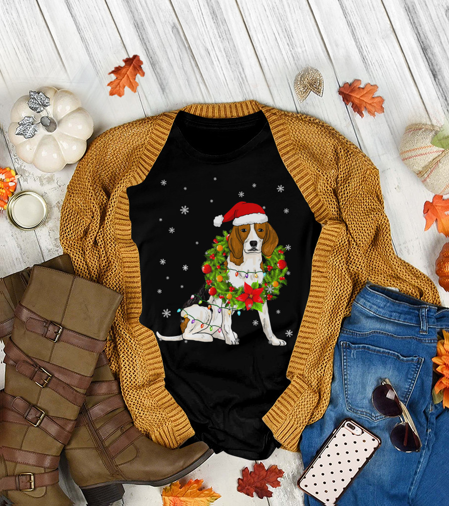 Santa Beagle with Christmas Lights and Wreath Snowflakes T-Shirt