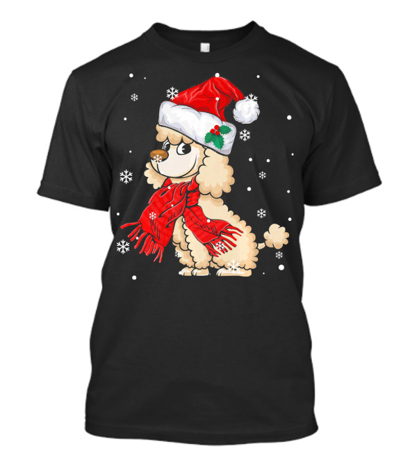 Poodle Wearing Santa Hat Red Scarf Snowflakes Holiday T-Shirt