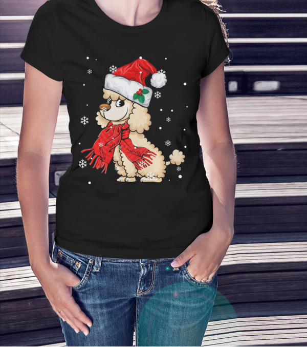 Poodle Wearing Santa Hat Red Scarf Snowflakes Holiday T-Shirt