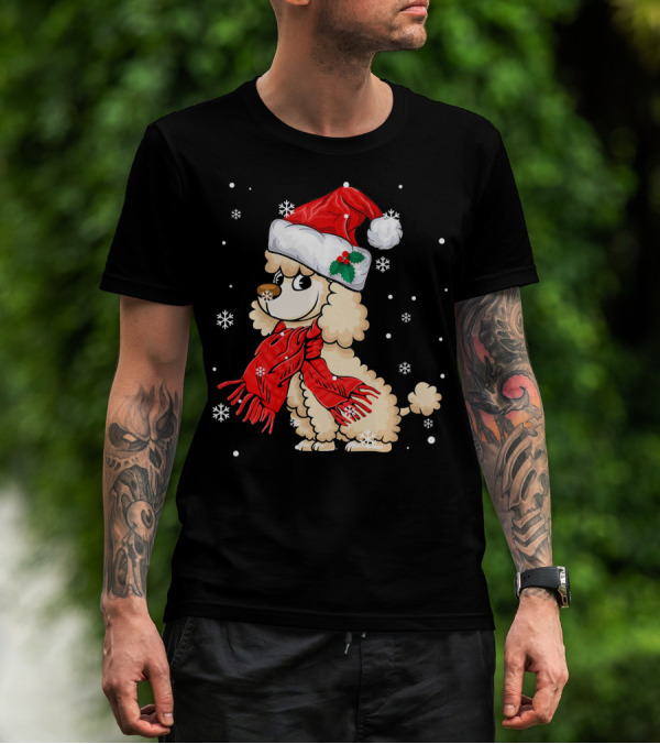 Poodle Wearing Santa Hat Red Scarf Snowflakes Holiday T-Shirt
