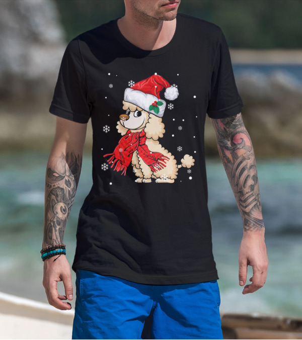 Poodle Wearing Santa Hat Red Scarf Snowflakes Holiday T-Shirt