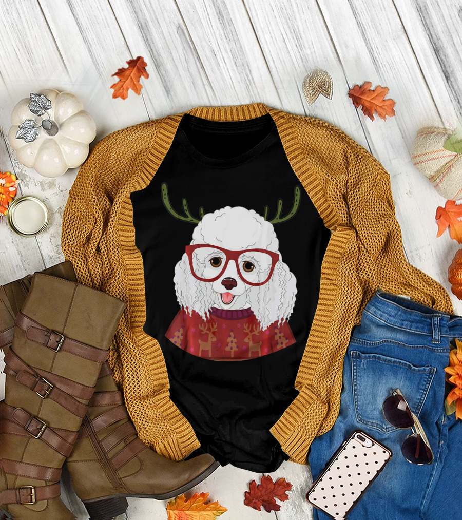 Reindeer Antlers Poodle Dog with Red Glasses and Christmas T-Shirt