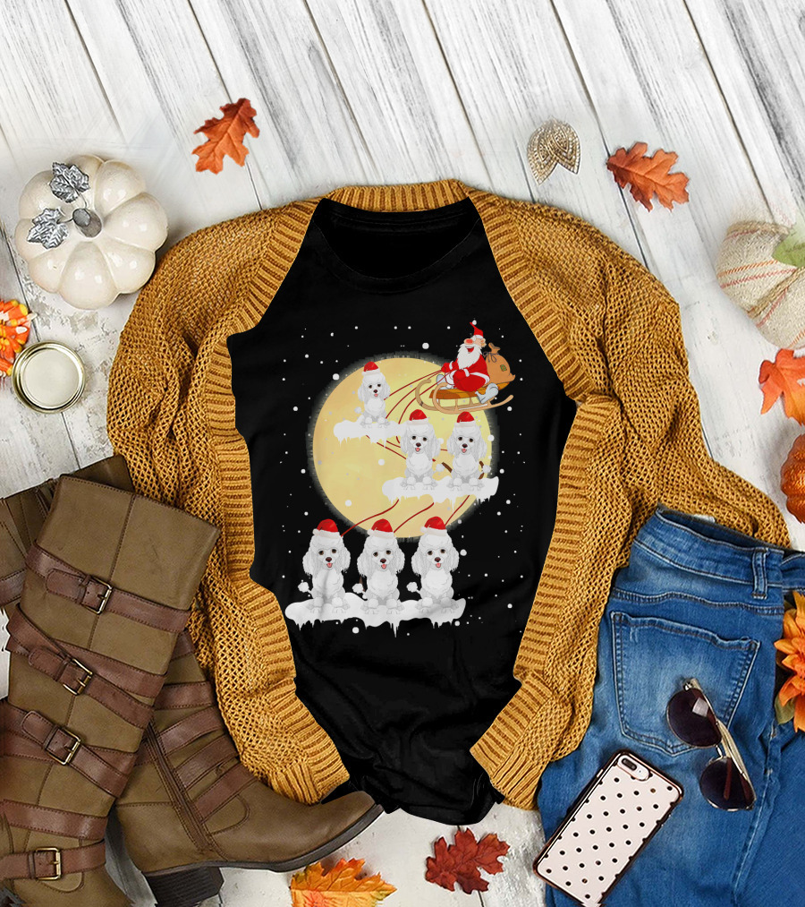 Poodle Reindeer Christmas Santa Sleigh Moon Funny T-Shirt