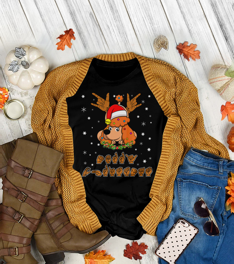 Poodle Dog ASL Sign Language Christmas Santa Hat Snowflakes T-Shirt