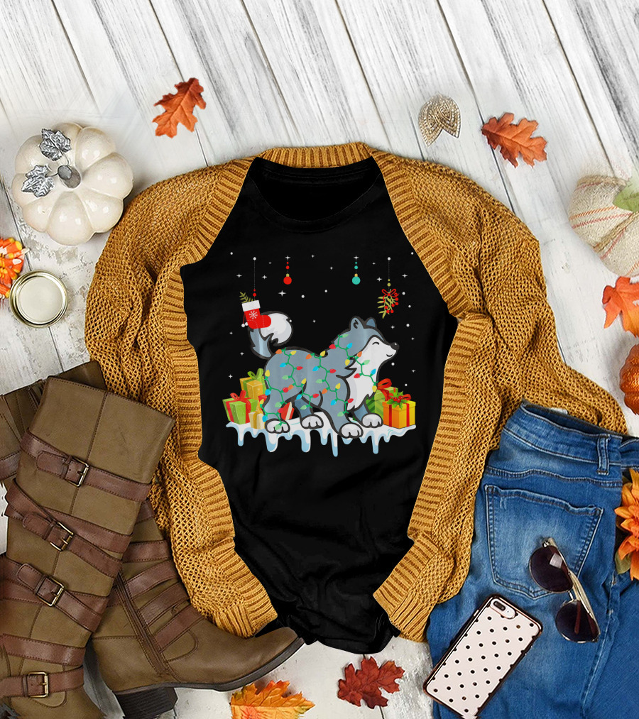 Festive Siberian Husky with Christmas Lights and Gifts T-Shirt
